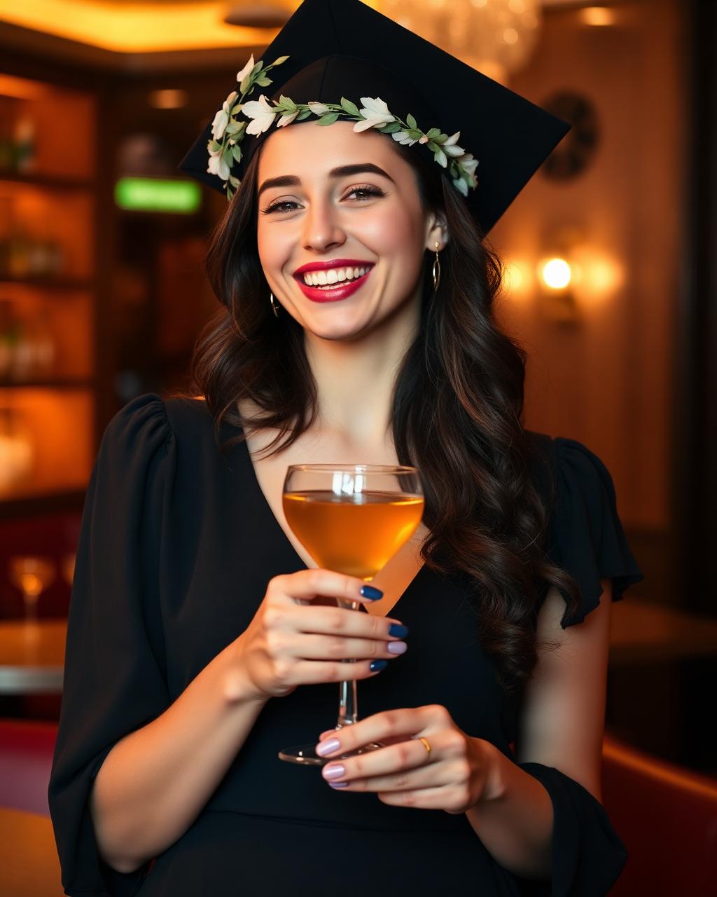 Ritratto di una laureata con corona di alloro brindante al THEGRADO cocktail bar Torino